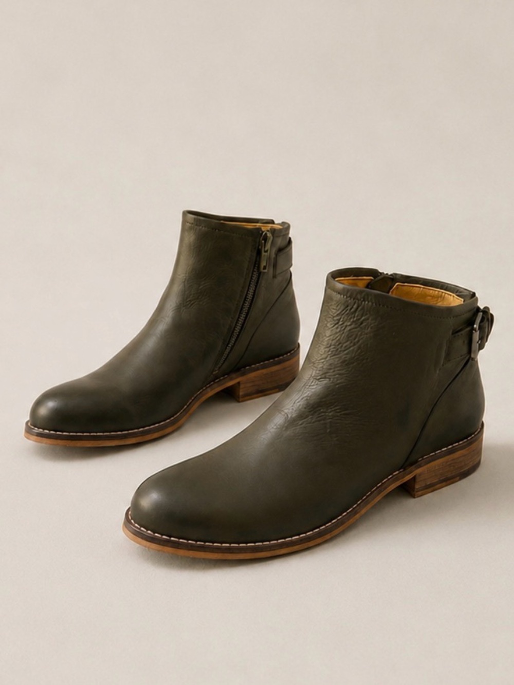 Jafa 207 Leather Ankle Boots Side Zip Buckle EU 38 US 7.5 - 8 Cactus OliveGreen